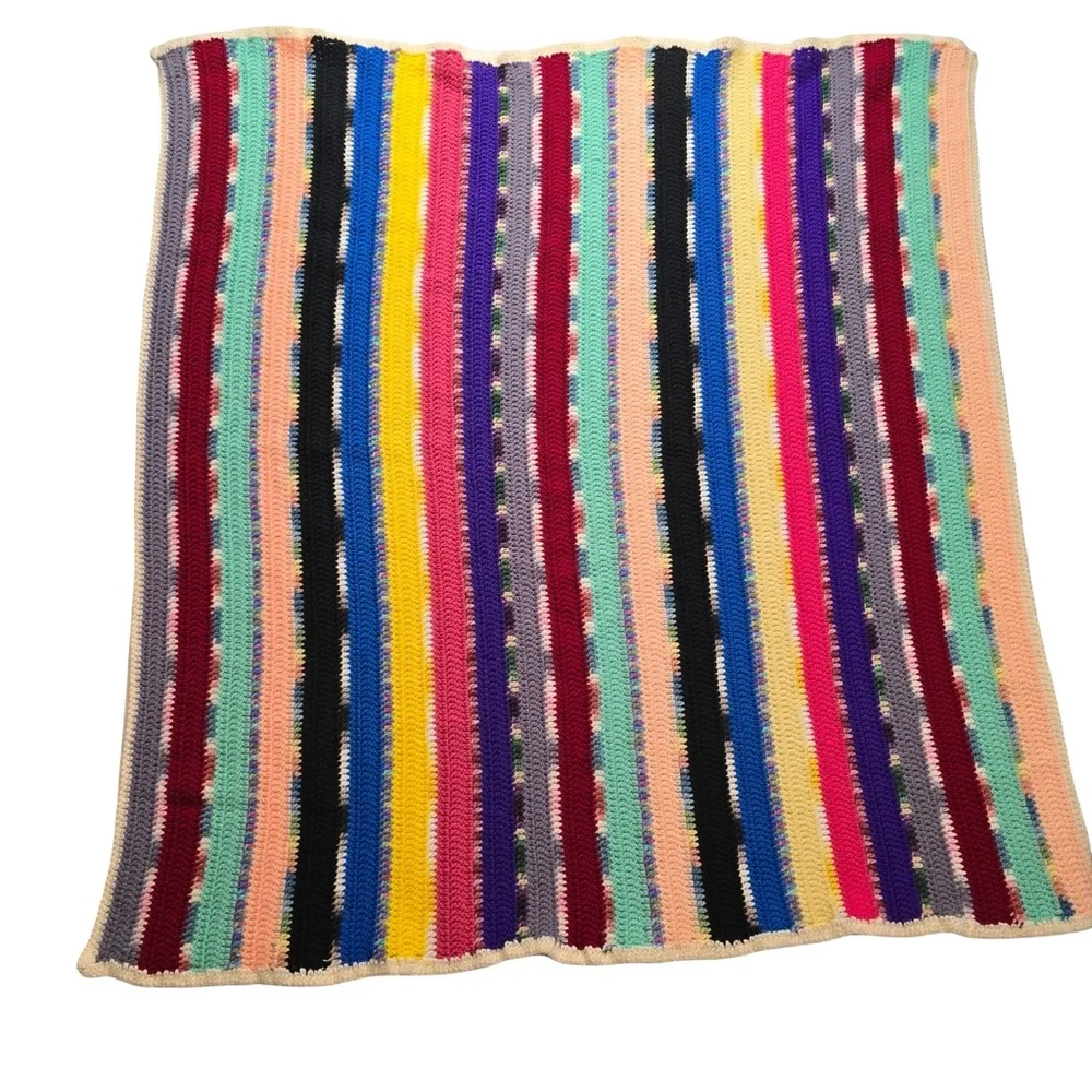Handmade Crochet Afghan Blanket Boho‎ Colorful Stripe 48x50